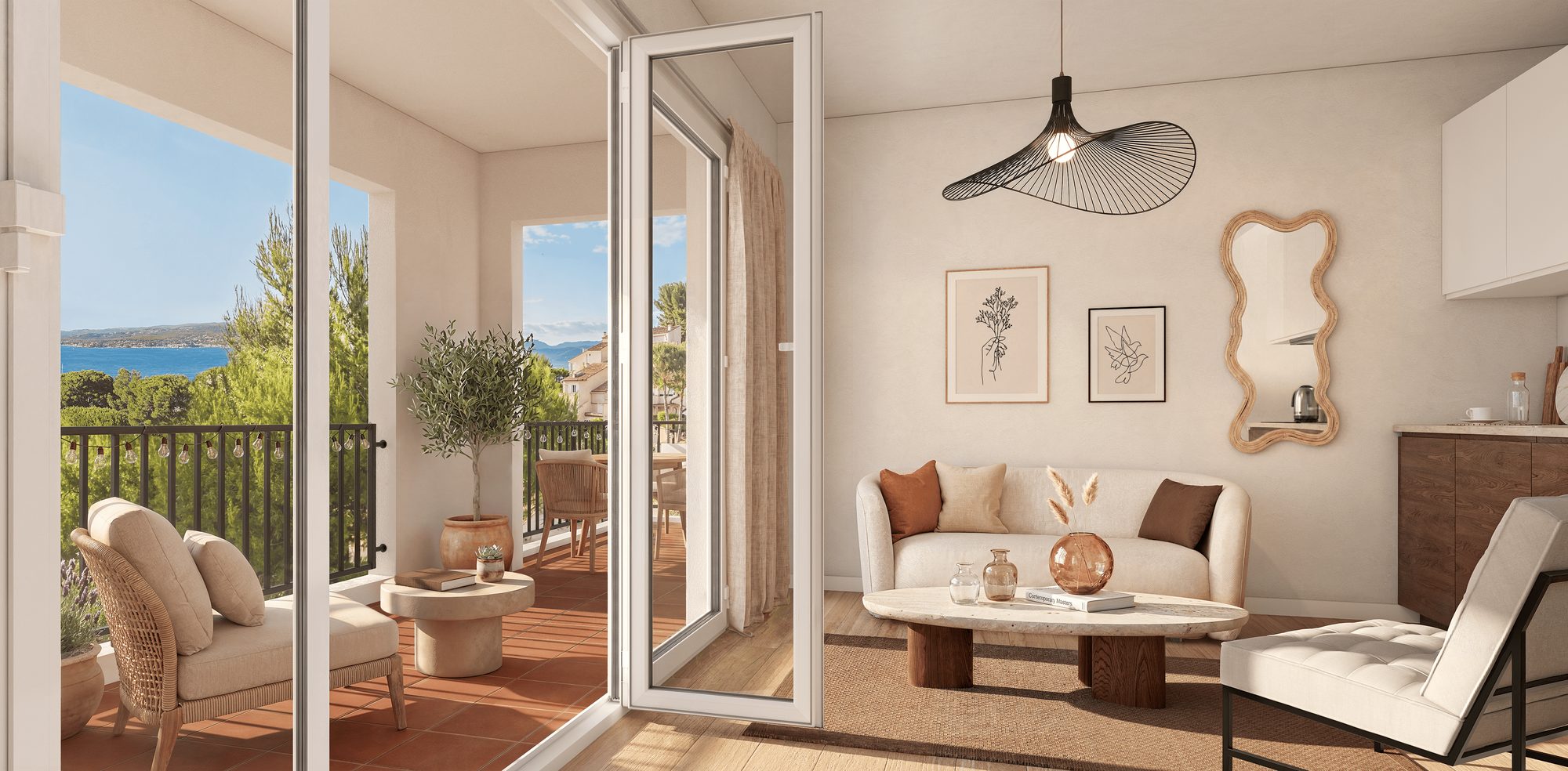 Perspective d'un séjour ouvert sur la terrasse avec vue mer — Les Panoramas